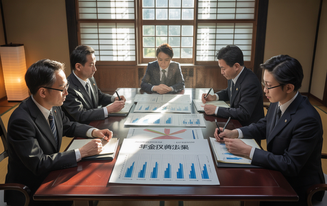 政府関係者が年金改革法案について会議で議論している様子、書類とグラフが机に散らばっている